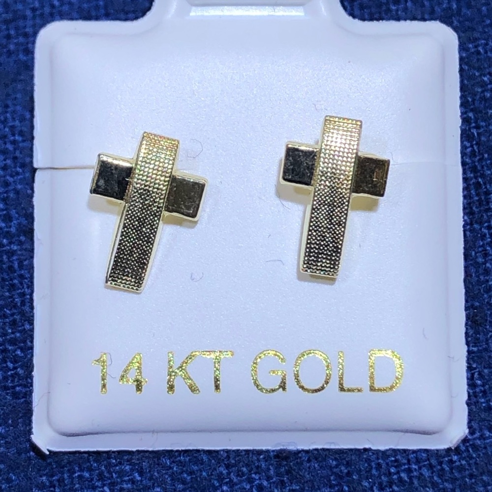 Solid Gold 14 Karat Cross Brass Earring .